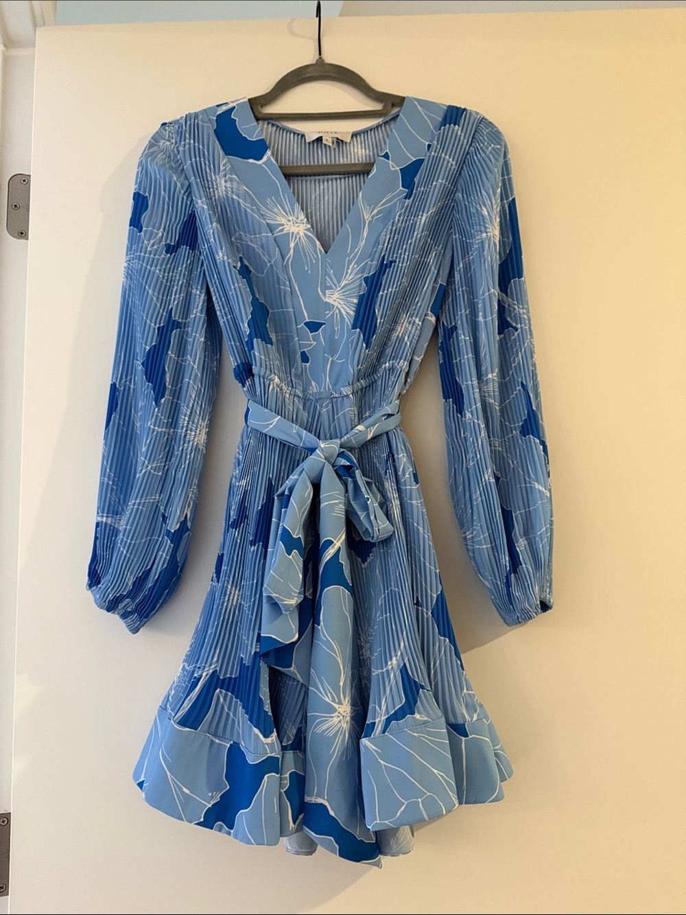 Milly Blue Floral Print Long Sleeve Tie-Waist Dress
